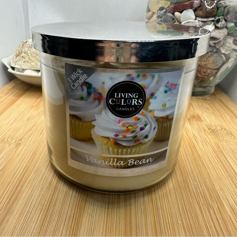New Vanilla Bean scent candle glass container with lid Living Colors